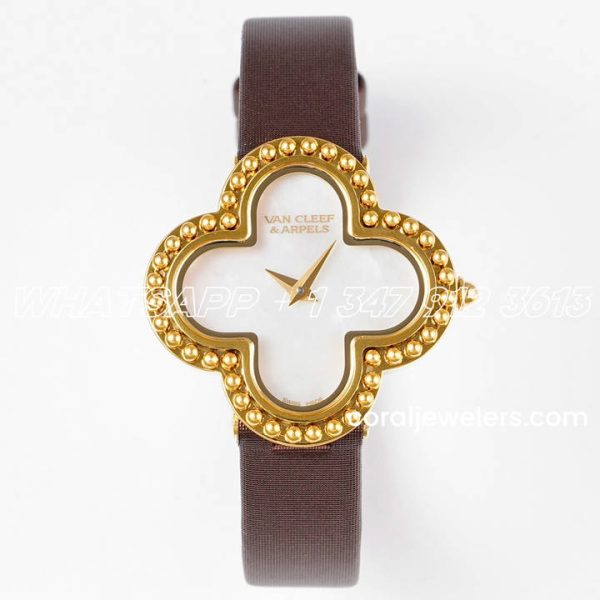 Replica Van Cleef & Arpels Alhambra Bvf 30.2mm Mop Dial In Yellow Gold In Brown Strap (1)