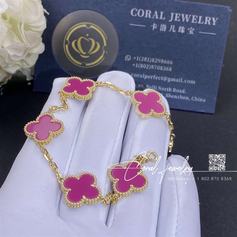 Van cleef & arpels vintage alhambra 5 motif 18k yellow gold prune color bracelet (1)