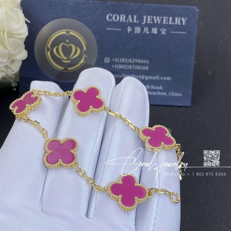 Van cleef & arpels vintage alhambra 5 motif 18k yellow gold prune color bracelet (2)