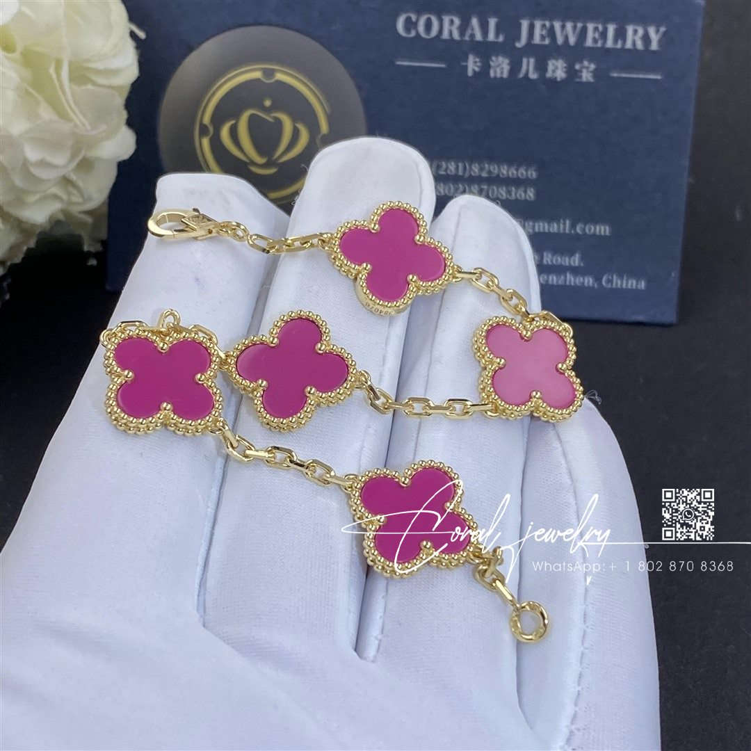 Van cleef & arpels vintage alhambra 5 motif 18k yellow gold prune color bracelet (3)