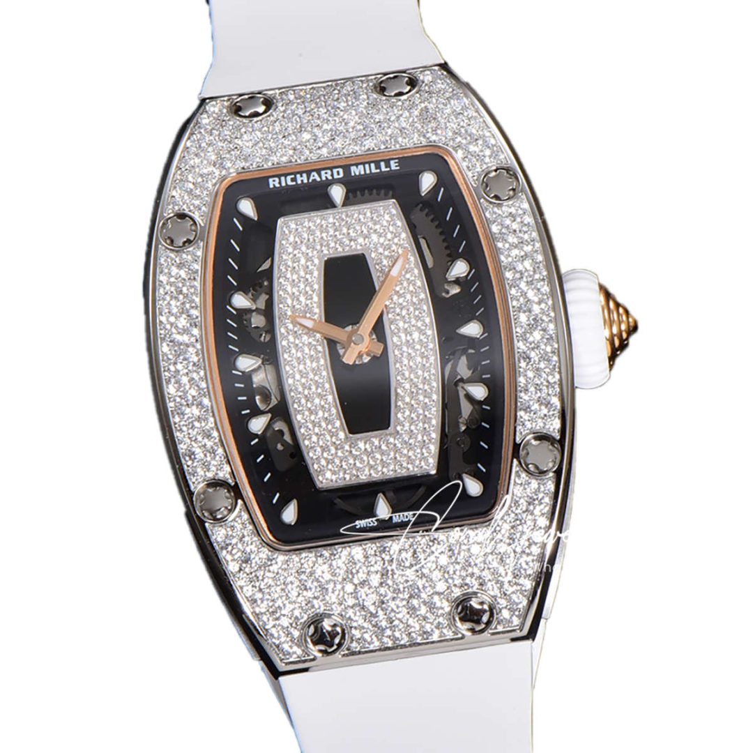 Replica richard mille rm 007 automatic ladies with diamond bezel in steel on white rubber strap (18)